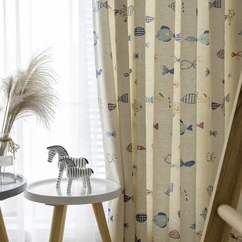 

Modern Curtains for Living Room Bedroom Simple Cartoon Children Cute Fish Linen Printed Curtains Finished Product Customization