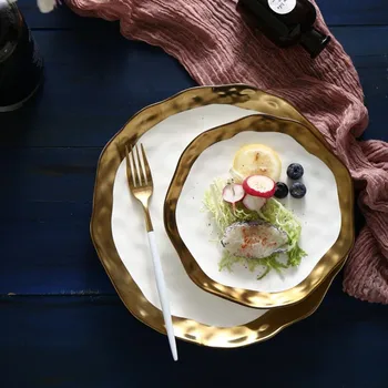 

European Style Gold Side White/Black Plate Retro Tableware Matte Steak Dish Dessert Tray Kitchen Dinner Plates Ceramic Dishes