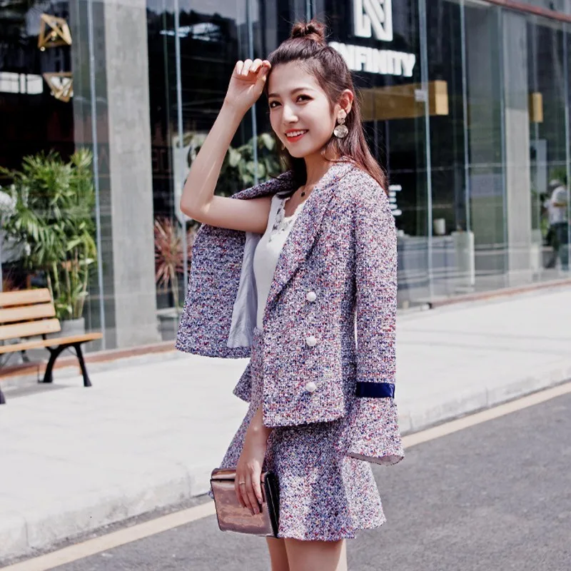 Winter Wollen Kleine Geur Set Mode Jas + Rok Twee Stuk Vrouwelijke Flare Mouw Rits Double Breasted Jassen Plaid sets Winter Wollen Kleine Geur Set Mode Jas + Rok Twee Stuk Vrouwelijke Flare Mouw Rits Double Breasted Jassen Plaid sets