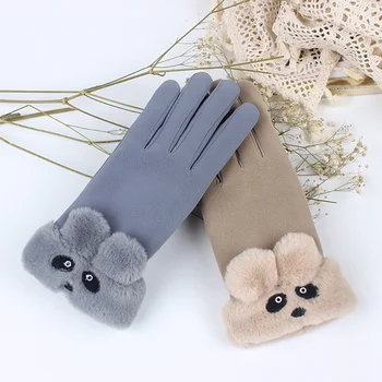

Autumn Winter Women Gloves Plus Velvet Cute Bear Furry Mittens Touch Screen Suede Mitts Female Cold Protection Gloves gs HS