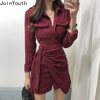 

Joinyouth Women Dress Long Sleeve Corduroy Bandage Irregular Blouse Short Dress Sexy Solid Slim Waist Shirt Dress Vestidos 57024
