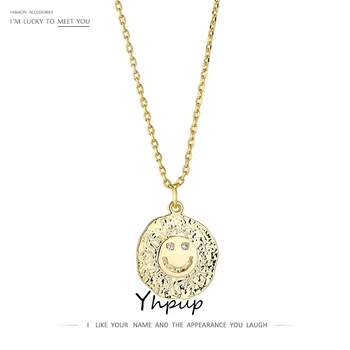 

Yhpup Fashion Round Smiley Pendant Necklace for Women Charm Metal Gold Color Geometric Cute Necklace Chain Party Gift Jewelry
