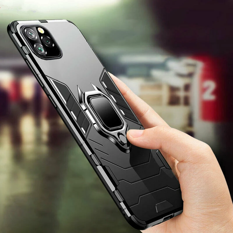 

For iPhone 11 Pro Max Luxury Rugged Armor Magnetic TPU Car Ring Stand Holder Case Capas Shockproof Silicone Full Back Cover