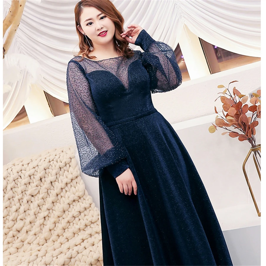 Вечернее платье с длинным рукавом, с блестками, на шнуровке, Robe De Soiree, с кристаллами, длинные женские вечерние платья размера плюс, с круглым вырезом, вечерние платья T111