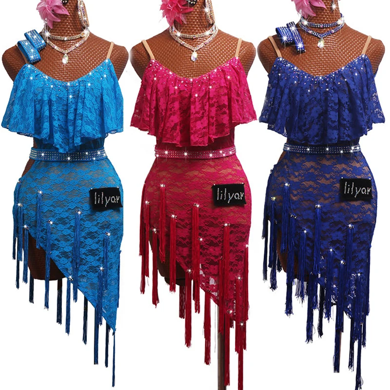 

New Kids Dresses For Girls Rose Red/blue Lace Dance Dress Flamengo 2019 Competition Wear Latin Dance Dress Women Costume BL2546