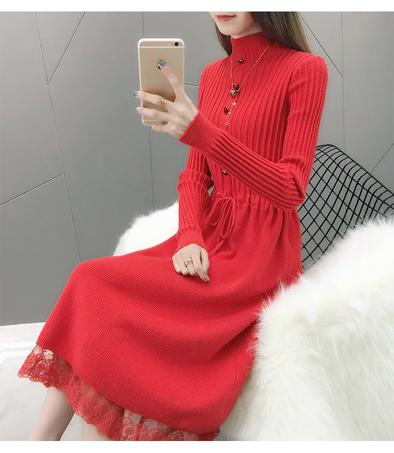 Размера плюс длинный рукав Вязанный свитер зимнее Макси облегающее красное приталенное модное платье теплое элегантное для женщин дамские платья