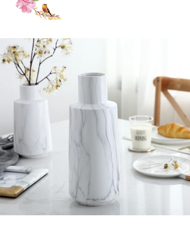 Nordic White Marble Pattern Simulation Dry Vase Ceramic Flower Inserter Modern Minimalist Decoration Table Decoration