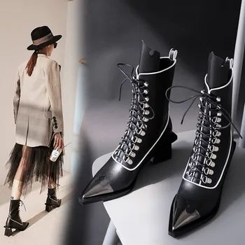 

Vintage Splicing Printed Ankle Boots For Women Shoes Woman Genuine Leather Retro Block High Heels Women Boots 2020