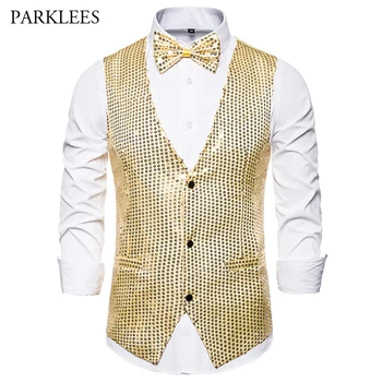 

Gold Sequined Vests with Bowtie V Neck Men’s 2019 New Slim Fit Multiple Colour Night Club Stage Party Wedding DJ Bar Homme