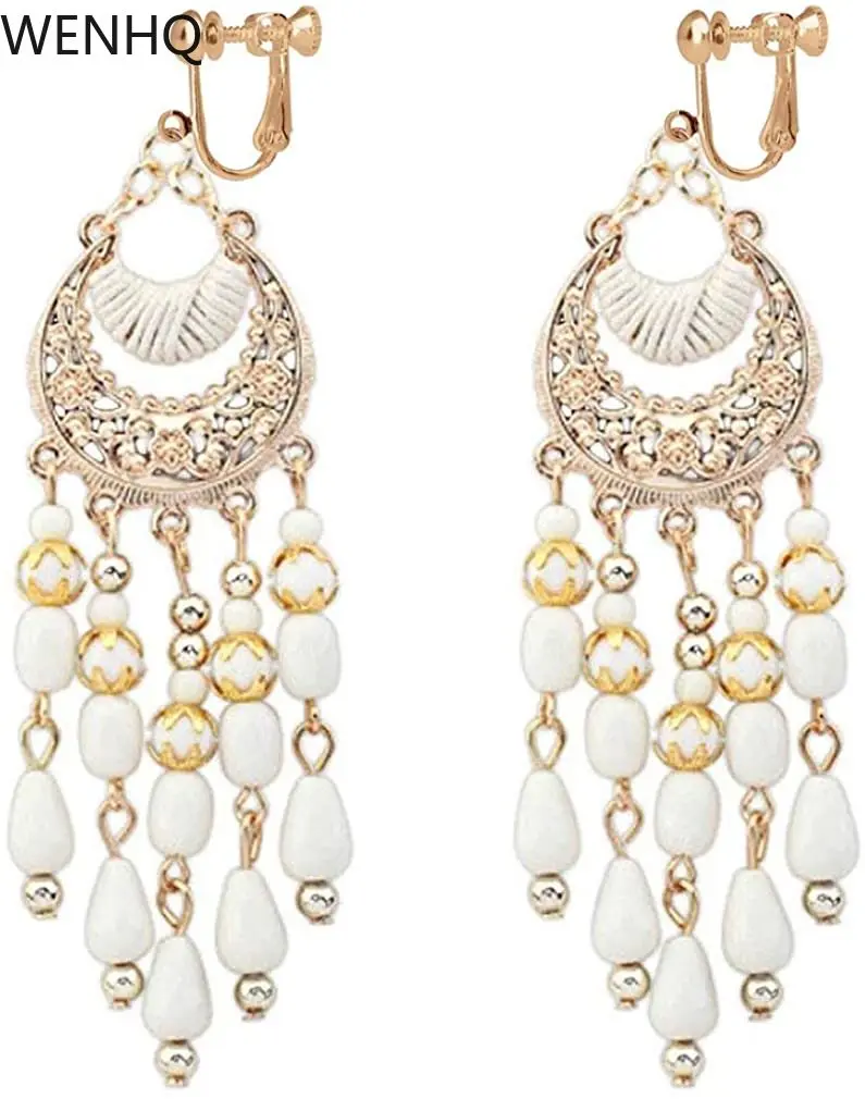 GRACE JUN Handmade Fashion Tassel Clip on Earrings Women's Statement Bohemian Ethic Bead Gold Color No Pierced Vintage Ear Clip ear clip earrings clip earrings ear clip ear accessories