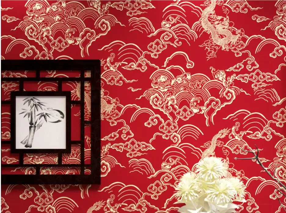 Beibehang Chinese style dragon pattern classical Zen Chinese style tea house porch study Buddha Temple TV background wallpaper