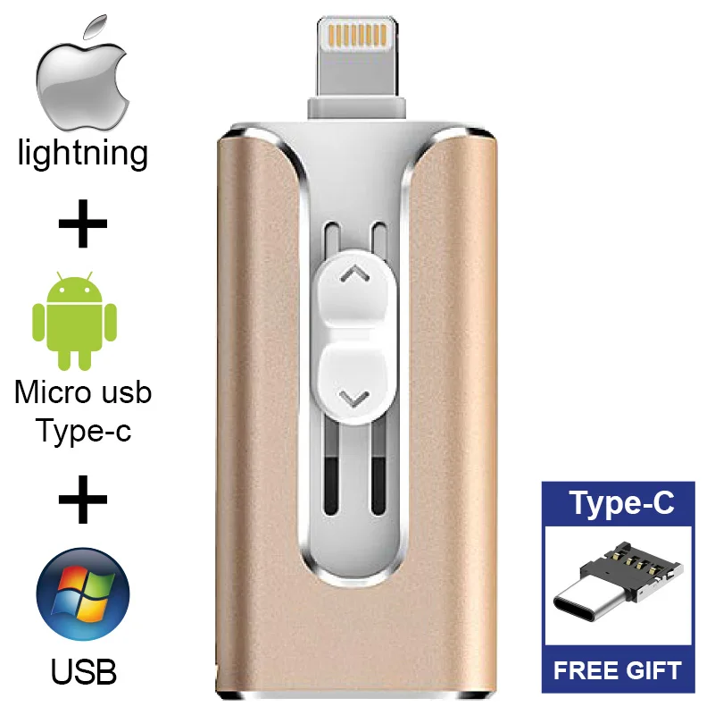 Бесплатный Тип C адаптер 3 в 1 USB флэш-накопитель для iPhone/iPad/IOS/Android/PC флэш-накопитель OTG 64 ГБ 32 ГБ 16 ГБ 8 ГБ флеш-накопитель Высокая скорость - Цвет: Gold Type-C