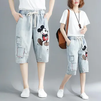 

2020 Summer pant Women clothes Loose Elastic Waist cartoon Print Vintage Half Denim Pants Female Casual Plus Size Jeans