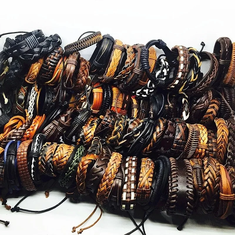 Wholesale 20pcS/50pcs Bulk Leather Charm Bracelets For Men Women Vintage Mix Styles Adjustable Bangle Jewelry Gifts