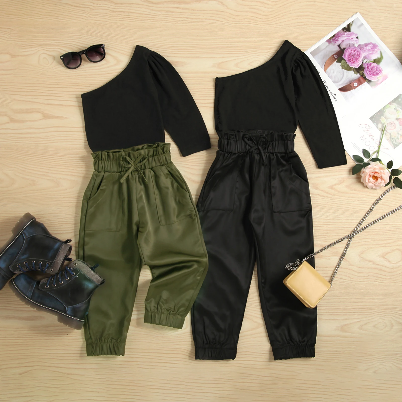 Kids Girls Fashion Clothes Sets One Shoulder Long Sleeve T-shirt + Pocket Loose Pants Summer Autumn Children Outfits kids clothing set girls clothing set
