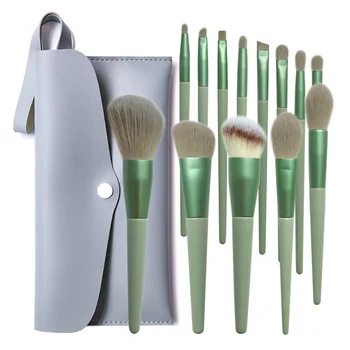 

13 Soft Hair Makeup Brushes Green Solid Wood Eye Shadow Brush Set Oblique Repair Brush New Style