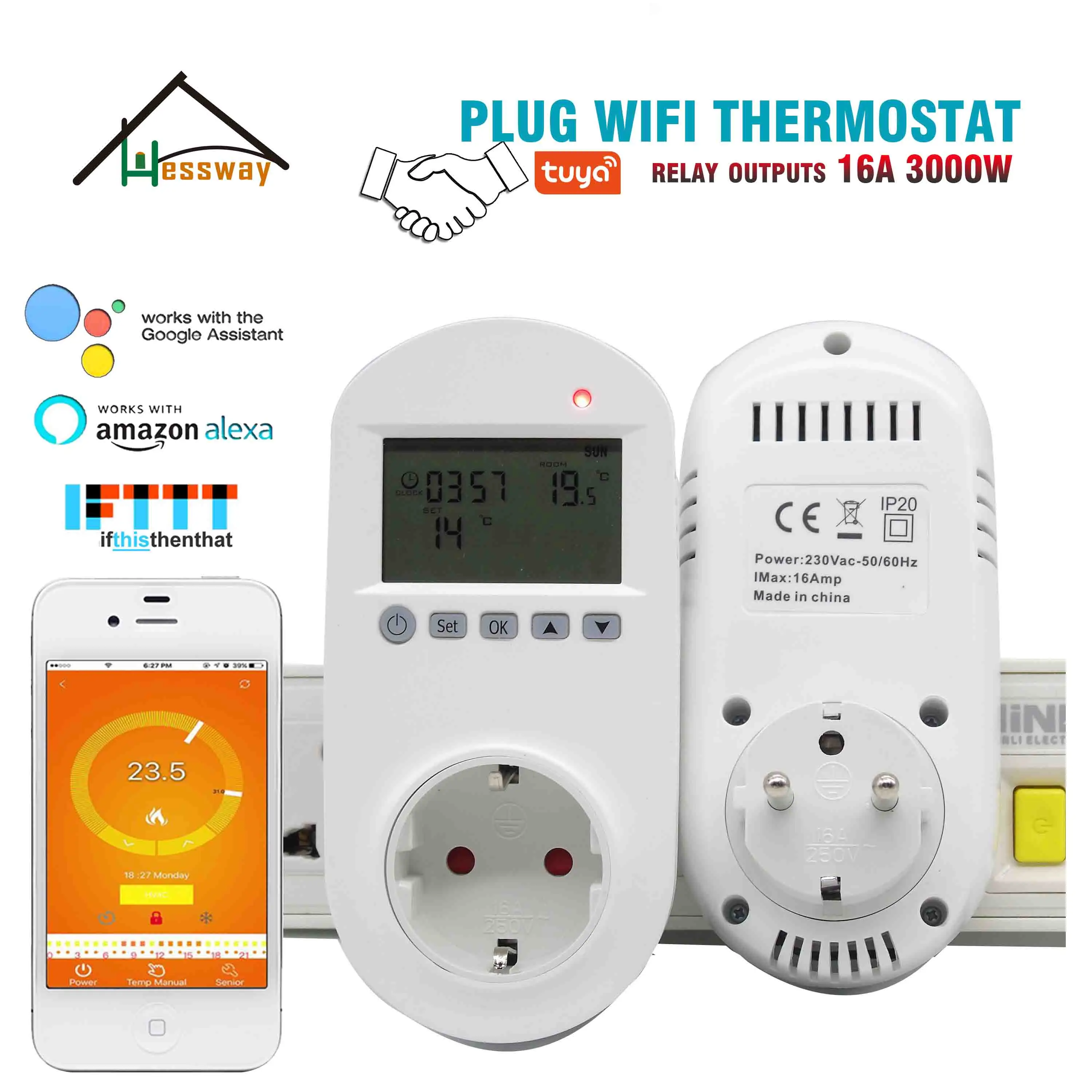 HESSWAY TUYA 16A programmable WIFI electric heat thermostat for EU plug socket