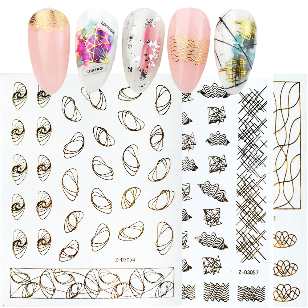 1 шт Золотые 3D наклейки для ногтей, изогнутые вкладыши, полосы, геометрические металлические самоклеющиеся наклейки для ногтей, переводные наклейки, сделай сам, маникюрные советы, Декор