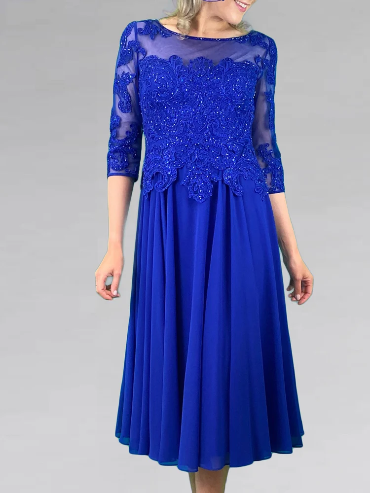 

Blue Mother of the Bride Dress Sheer Neckline Applique with Beads Zipper Back Three Quarter Sleeves Mother's party Gowns