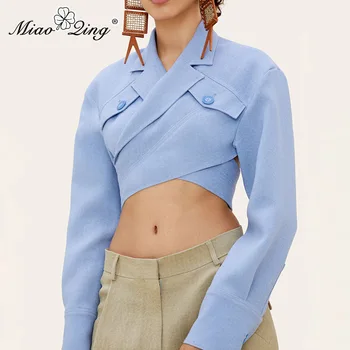 

MIAOQING Asymmetrical Slim Women's Blouses Lapel Collar Long Sleeve Casual Short Shirts For Female Fashion Clothing 2019 New