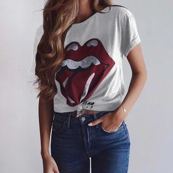 

2020 Summer S-3XL Fashion Sexy Lips Tongue Casual Tees Tops for Ladies T Shirt Women High Street Short Sleeve Tee Shirts Clothes