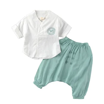 

New Summer Kids Clothing Set Baby Cotton Line V-neck T-shirt + Harem Pants 2pcs Outfits Children Chinese Style Hanfu Costume