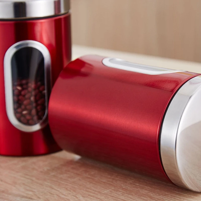 Stainless Steel Canisters Airtight Coffee Tea Sugar Beans Tin with Visible Window Kitchen Storage Containers Sealed Jar Bottle