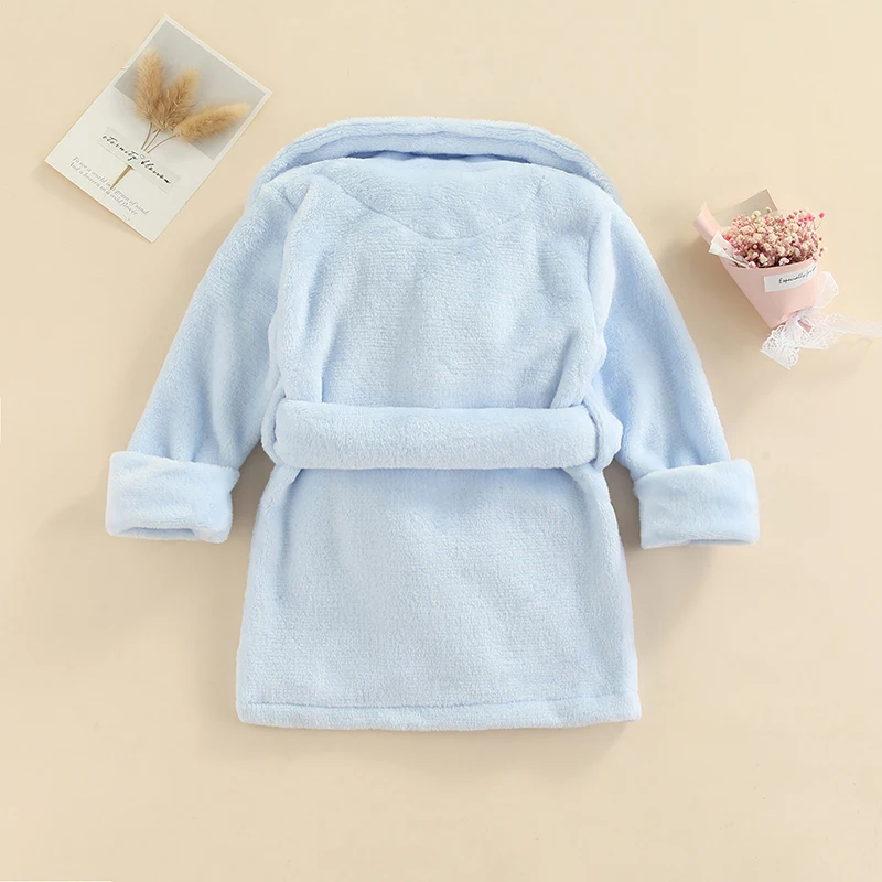 FOCUSNORM 1-6Y Autumn Winter Kids Girls Flannel Bathrobe Solid Color/Leopard Print Long Sleeve Sleeping Robe with Belt