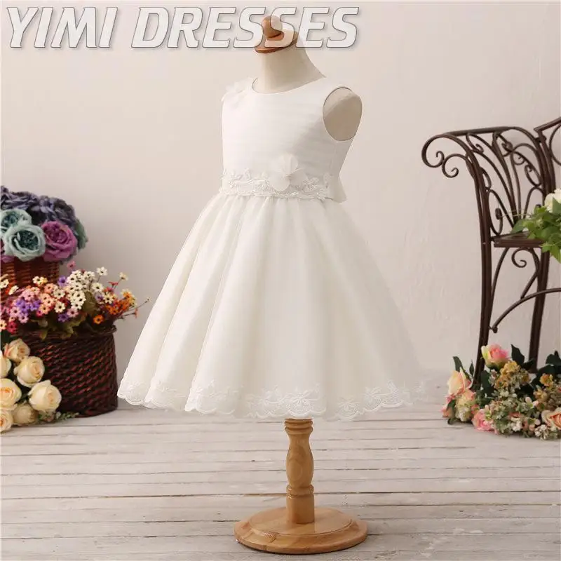 White Lace Applique Pearls Flower Girls Dresses For Weddings Party Communion Dresses Sleeveless Evening Gown For Kids Gala Gowns