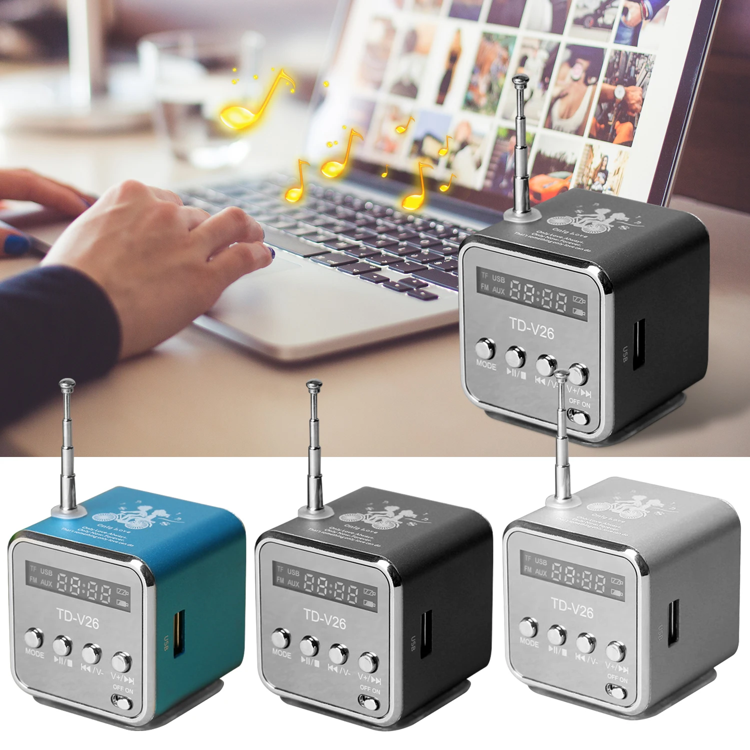 Gosear-altavoz estéreo portátil para TD-V26, minireceptor de Radio FM con pantalla Digital LCD, compatible con tarjeta Micro SD TF, reproductor de disco USB