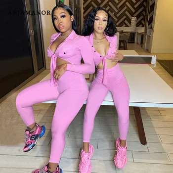 

ANJAMANOR Pink Long Sleeve Two Piece Pants Set Tracksuit 2020 Fall Clothes Matching Sets for Women Sporty Active Wear D37-DF38