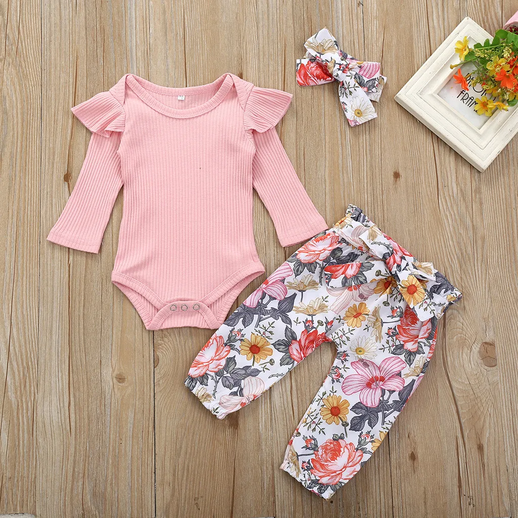 Ropa Bebe Ni/ña Oto/ño e Invierno 0 3 a 18 Meses Recien Nacido Volantes S/ólido Mameluco Diadema Conjuntos Floral Pantalones