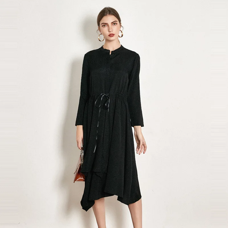 Zwarte echte zijde jurken vrouwen natuurlijke zijde 2019 hoge kwaliteit meisjes werk boho shirt jurk losse elegante plus size lange mouw