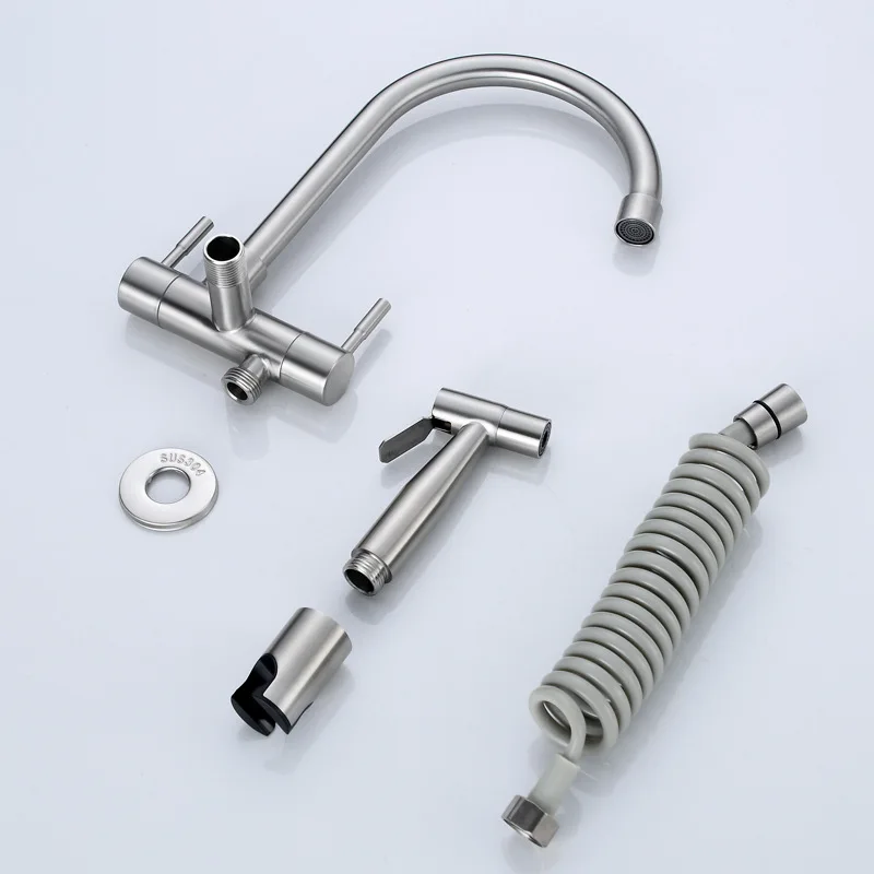 304 Stainless Steel Kitchen Faucet Wall Mounted Double Handle Single Cold Water Tap Sprayer Bidet Nozzle for Balcony