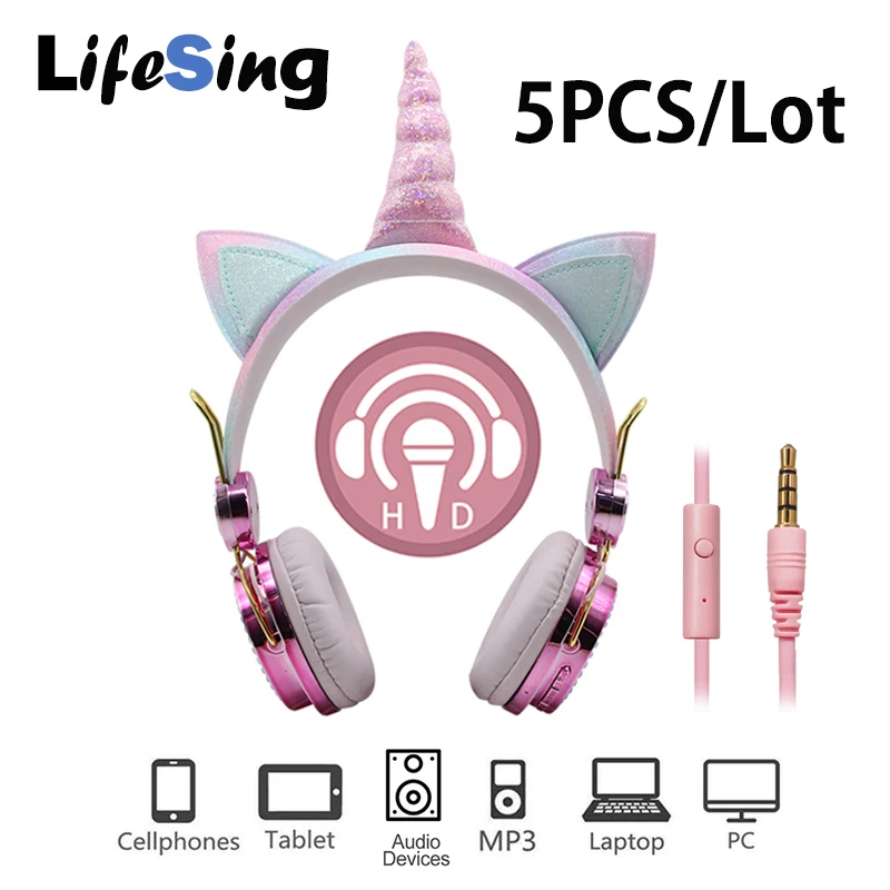 5PCS Lot Cute Unicorn Headsets With MIC Earphone for Girls Kids daughter Headphones For Laptop Cellphones PC Tablet MP3 Headsets