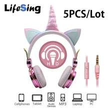 5PCS Lot Cute Unicorn Headsets With MIC Earphone for Girls Kids daughter Headphones For Laptop Cellphones PC Tablet MP3 Headsets