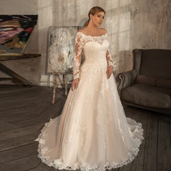 Off-The-Shoulder Fashion Strapless Fulle Sleeve Wedding Dresses for Women Luxury Marriage Court Train Button Back Vestidos 2022