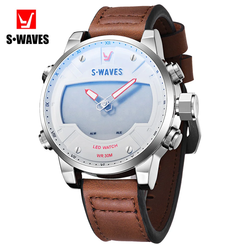 

SWAVES Luxury LED Watch Men Clock Quartz Dual Display Fashion Men's Wrist Watches Waterproof Alarm Clock Leather Reloj Hombre