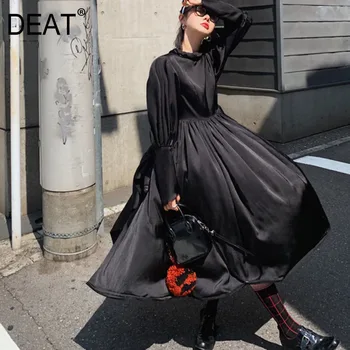 

DEAT 2020 new spring fashion women clothes scarfl collar lantern full sleeves velvet fabric high quality black dress WK58101L