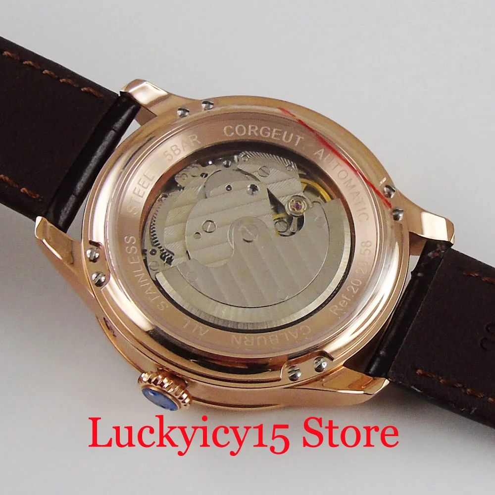 CORGEUT Automatic Men Wristwatch Black Dial Leather Band Power Reserve Date Indicator Rose Gold Coated Case