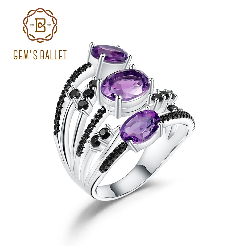 

GEM'S BALLET Classic 925 Sterling Silver Finger Triple Rings 3.42Ct Oval Natural Amethyst Gemstone Ring For Women Fine Jewelry