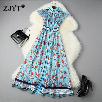 

Summer Vacation Runway Designer Women Elegant Ruffle Patchwork Slash Neck Floral Letters Print Midi Dresses Vestidos