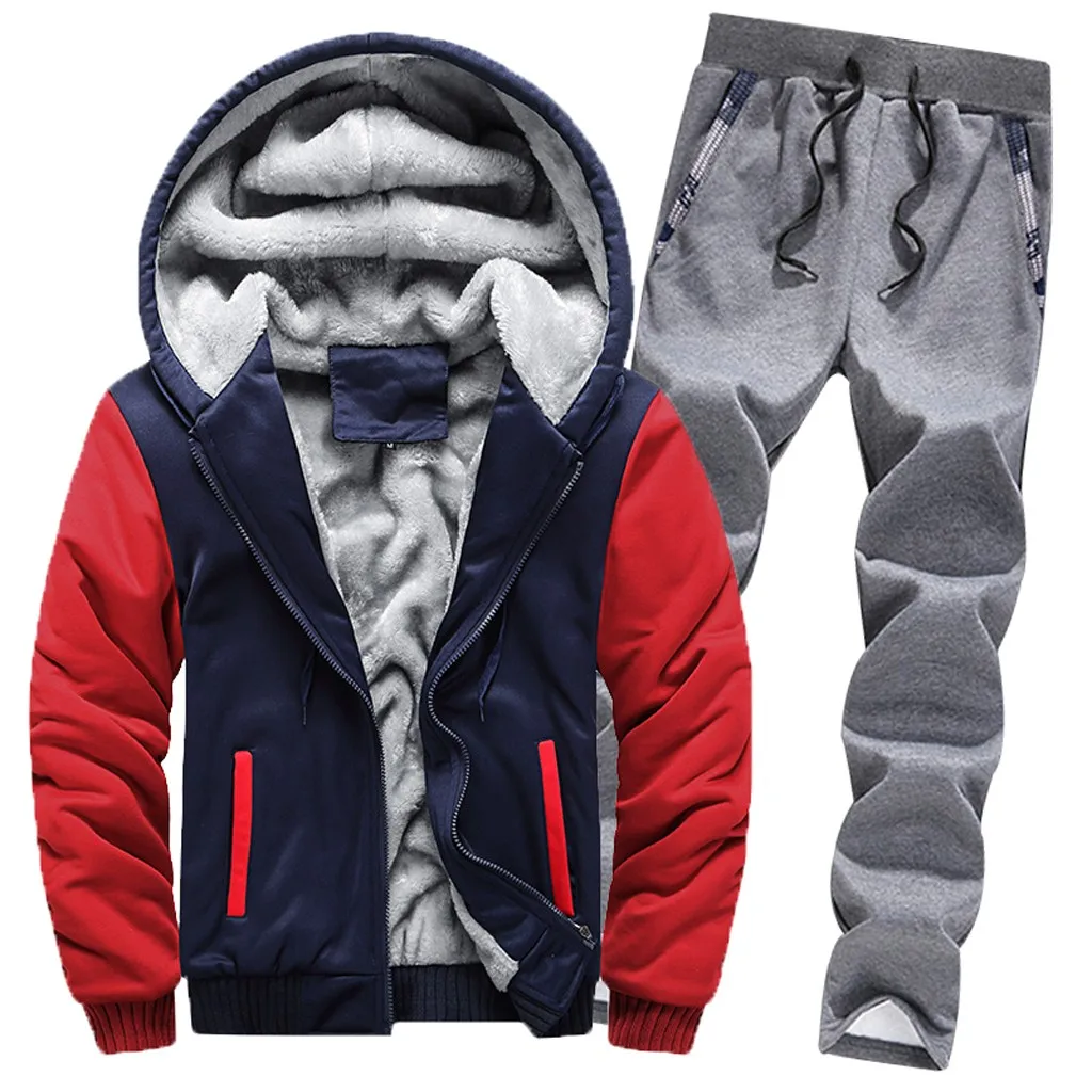 Red Спортивный костюм, мужской спортивный флисовый плотный брендовый костюм с капюшоном, повседневный спортивный костюм, мужская куртка+ штаны, теплая зимняя толстовка с мехом внутри - Цвет: Red