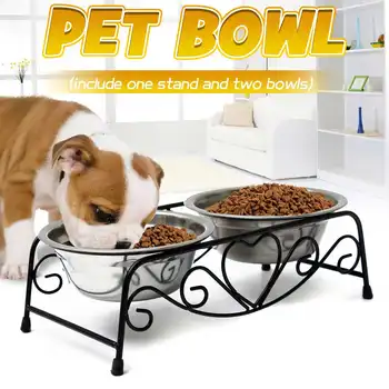 

Stainless Steel Pets Small Dog & Cat Double Diner Water Feeder with Bowls Retro Iron Stand Dog Feeders