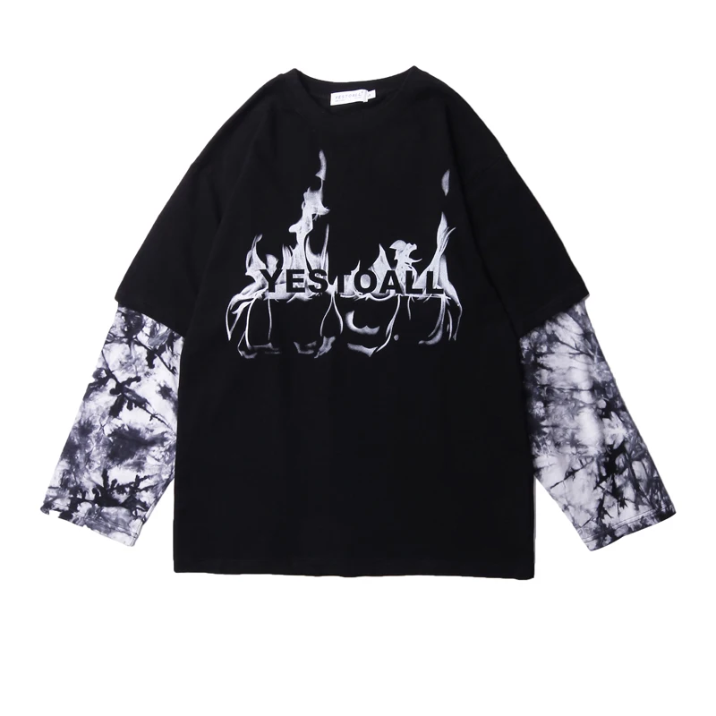 

2019 Europe and the United States high street dark black funeral hip-hop stitching loose casual fake two long-sleeved T-shirt