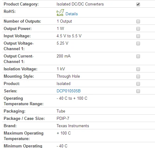 Преобразователи постоянного тока в постоянный с изоляцией мини 1W Iso Unreg DC/DC преобразователь DCP010505BP