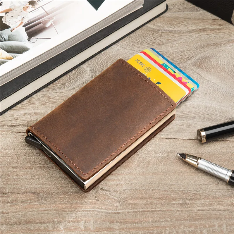 ZOVYVOL Genuine Leather RFID Card Holder Card Case Clutch Pop-up Wallet Aluminum Box Slim Smart Wallets