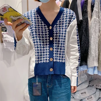 

Korean-Style Plaid Knitted Spliced Full Shirts All-match V-neck Front Short Long Back Women Blouses