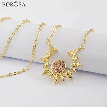 

BOROSA Natural Agates Titanium Druzy Pendant Necklace 18'' Gold Sun Drusy Statement Necklace Women Trendy Jewelry Dropship