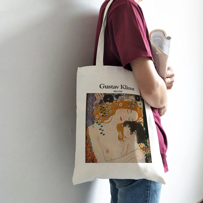 

Women Gustav Klimt Black Cotton Canvas Shopper Bag Girl Harajuku 90s Y2K Classic Vintage Shoulder Handbag Female Bolsa Compra